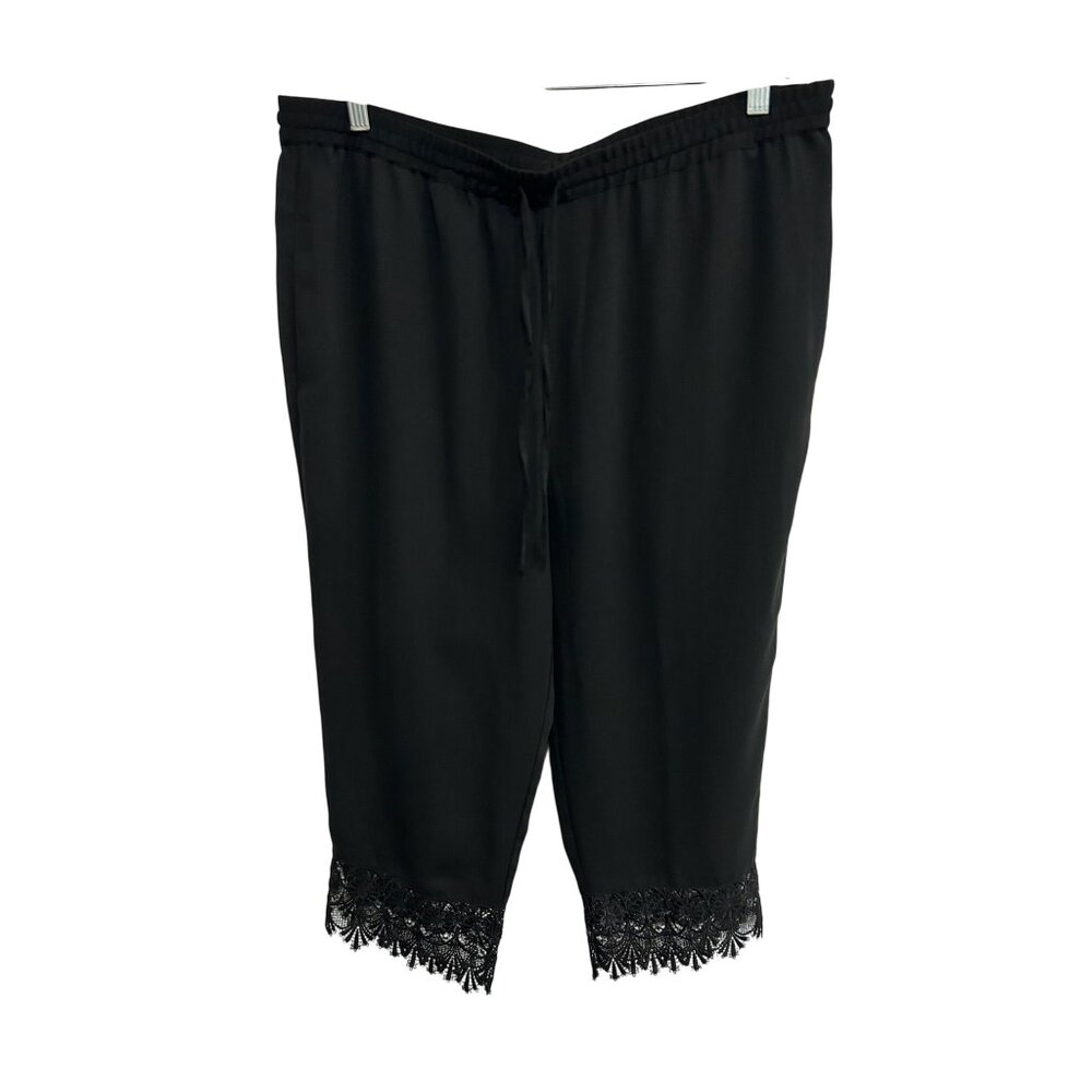 Kate & Mallory Lace Trim Cropped Pants Black Sz XL Drawstring Elastic Waist Chic